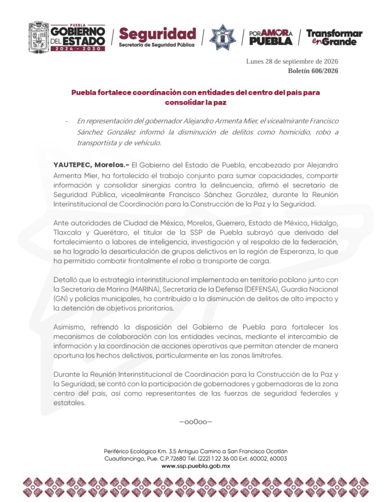 Puebla fortalece coordinación con entidades del centro del país para consolidar la paz